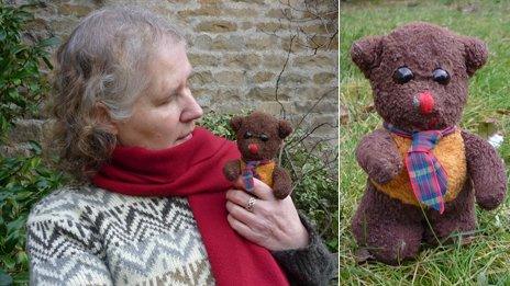 Heather holding her bear Frank; Frank in the garden