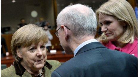 Angela Merkel, Danish Prime Minister Helle Thorning-Schmidt and Herman Van Rompuy at EU Headquarters on February 7