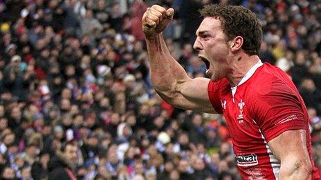 Wales wing George North celebrates his crucial try