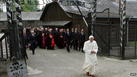 Pope Benedict walking through the gates of the Nazi death camp at Auschwitz, 28 May 2006