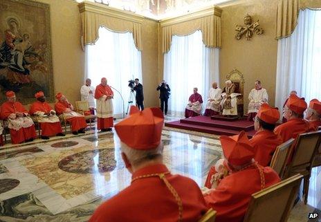 Pope reads his resignation letter to gathering of cardinals