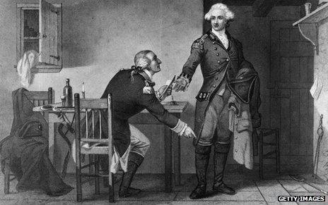 Benedict Arnold (left) caught in act of treachery