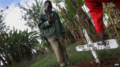 A man at the grave of a neighbour in western Kenya on 19 April 2008