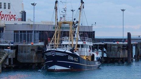 Brixham registered beam trawler in St Peter Port Harbour