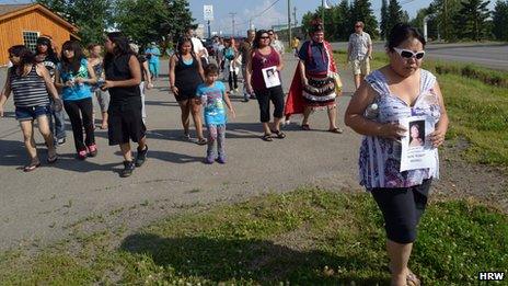 Community members participate in a spirit healing walk in Burns Lake, British Columbia, in remembrance of missing and murdered women July 2012