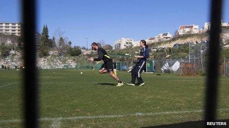 Chechen Muslim soccer player Zaur Sadayev practises during a Beitar Jerusalem training session in Jerusalem on 8 February 2013