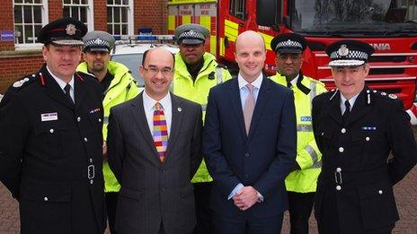 Chief fire officer Martyn Emberson, NCC cabinet member for public protection and fire Councillor Andre Gonzalez de Savage, Northamptonshire police and crime commissioner Adam Simmonds, Chief Constable Adrian Lee.