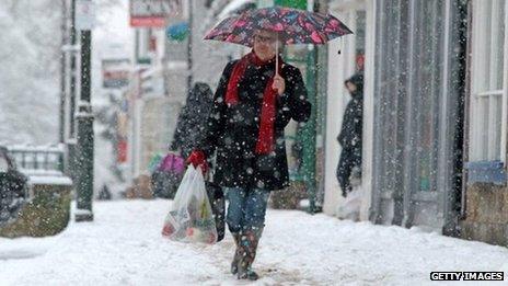 Shopper in the snow in January