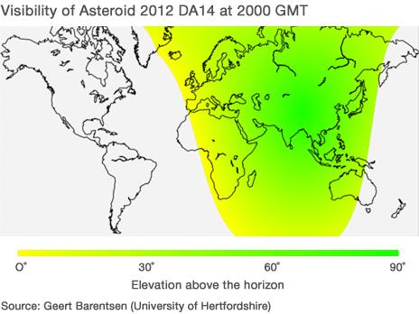 Map showing where asteroid will be visible from (Source: Geert Barentsen, University of Hertfordshire)