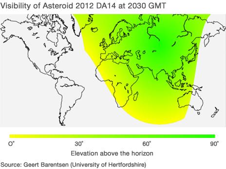 Map showing where asteroid will be visible from (Source: Geert Barentsen, University of Hertfordshire)