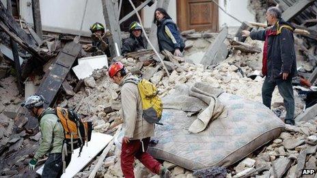 Rescue workers in L'Aquila searching for survivors (6 April 2009)