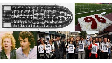 Clockwise from top left: Slave ship plan, Hillsborough memorial, Alan Turing, Bloody Sunday memorial march, and Guildford Four member Gerry Conlon