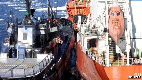 The Sea Shepherd vessel, Bob Barker (Left), comes to collision distance from Japanese fuel tanker Sun Laurel in the Antarctica