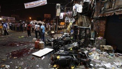 The site of a bomb blast in Hyderabad, India, 21 February 2013