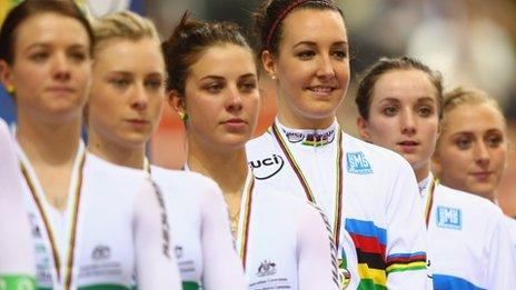 Dani King Elinor Barker and Laura Trott get their gold medals