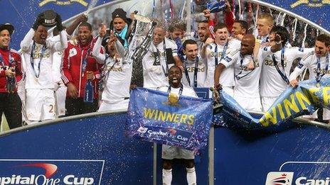 Swansea celebrate winning the 2013 Capital One Cup