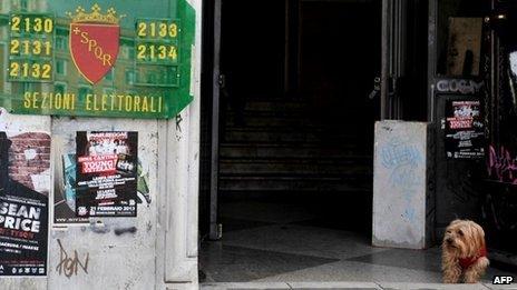 A dog waits outside a polling station in Rome, Italy