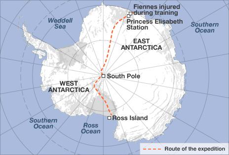 Map of expedition route showing where Fiennes was injured