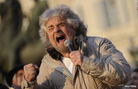 Beppe Grillo at a rally in Turin, Italy, 16 February 2013