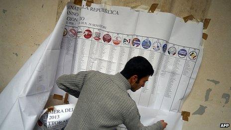 Workers remove electoral information banners in Rome