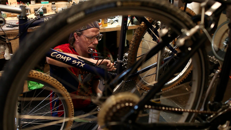 A bike being repaired at Bicycle Space in Washington DC