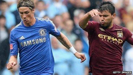 Chelsea's Fernando Torres and Sergio Aguero of Manchester City