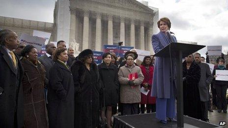 Nancy Pelosi speaks at a rally outside the US Supreme Court in Washington, DC 27 February 2013