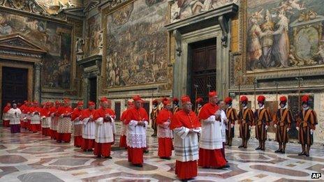 Cardinals walk in procession to the Sistine Chapel at the Vatican, at the beginning of the conclave that elected Benedict XVI, file pic from 18 April 2005