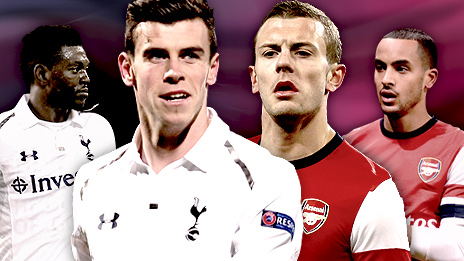 Emmanuel Adebayor, Gareth Bale, Jack Wilshere, Theo Walcott