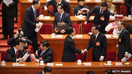 Chinese Communist Party leaders after the opening session of the annual National People's Congress in Beijing, 5 March 2013