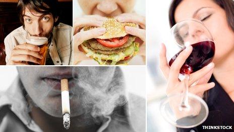 Composite image of drinking, eating and smoking