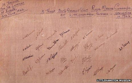 Signatures on back of the troop photo, taken in West Sussex in spring 1944