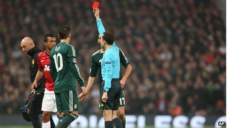 Nani is shown the red card