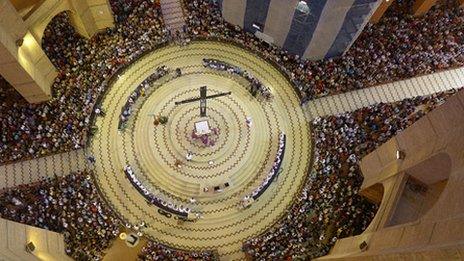 Aerial view of the congregation at the basilica in Aparecida