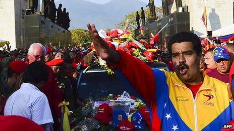 Nicolas Maduro in front of the hearse carrying the body of Hugo Chavez