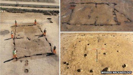 Three of the Early Neolithic houses discovered at Kingsmead Quarry, Horton