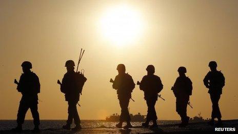 South Korean marines patrol on Yeonpyeong Island near the western maritime border between the two Koreas, 10 March 2013