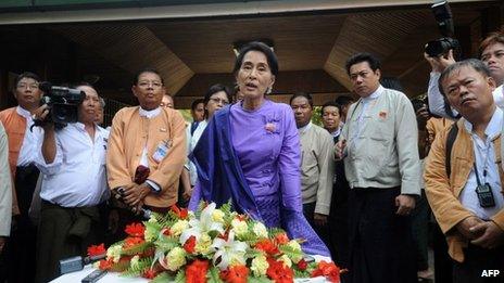 Burmese democracy leader Aung San Suu Kyi at the National League for Democracy's (NLD) first-ever party conference in Rangoon, 10 March 2013