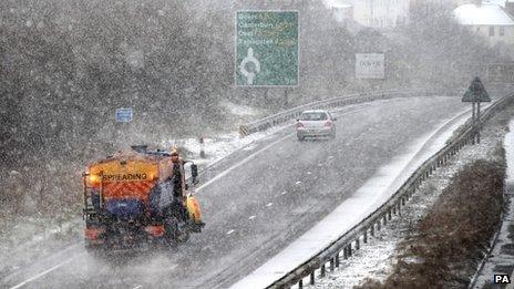 Snow falls on the A20 in Kent