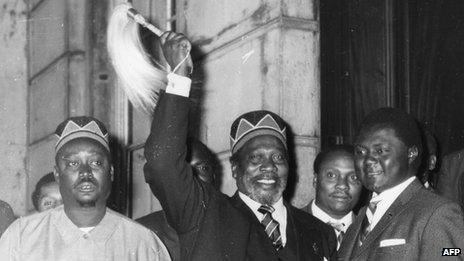 Jomo Kenyatta and Oginga Odinga (l) arriving at talks in London in 1963 to discuss the independence of Kenya