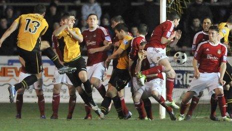 Newport and Wrexham in action in the Blue Square Bet Premier.