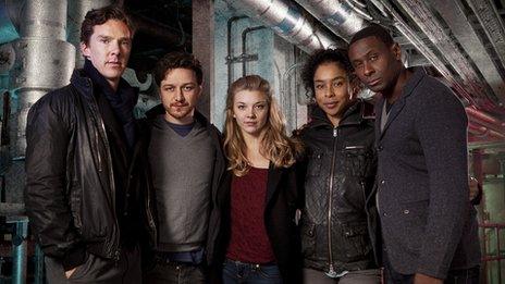 Neverwhere cast: (L-R) Islington (BENEDICT CUMBERBATCH), Richard (JAMES MCAVOY), Door (NATALIE DORMER), Hunter (SOPHIE OKONEDO), Marquis (DAVID HAREWOOD)