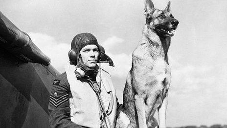 George ‘Grumpy’ Unwin and his Alsatian Flash at RAF Duxford