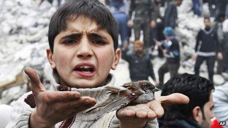 A Syrian boy holds a bird in his hand that he said was injured in an airstrike hit the neighbourhood of Ansari, in Aleppo, Syria, Sunday, Feb. 3, 2013