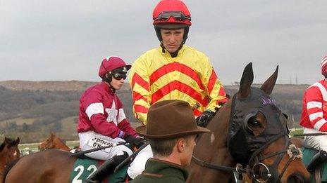 Jockey JT McNamara on Galaxy Rock before the Fulke Walwyn Kim Muir Challenge Cup