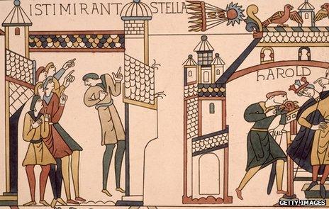 A section of the Bayeux tapestry featuring Halley's comet