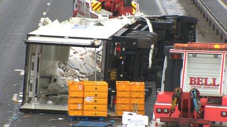 Wreckage of lorry on M62