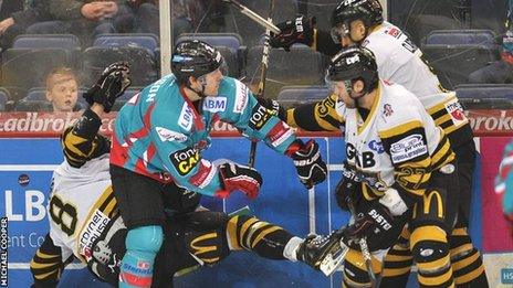 Belfast's Brock Matheson clashes with Panthers opponent David Clarke