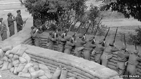 Members of the LDV (Home Guard) showing how they shot down their first enemy bomber in Kent during WW II