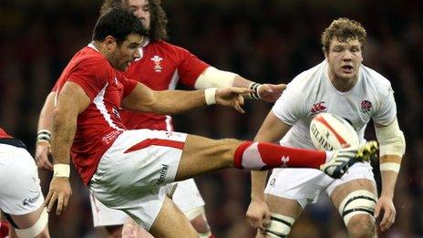 Wales scrum-half Mike Phillips clears